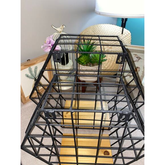 Set 2 Hezagon Shaped Geometric Wall Mounted Floating Metal Wood Shelves Lot - Picture 8 of 10